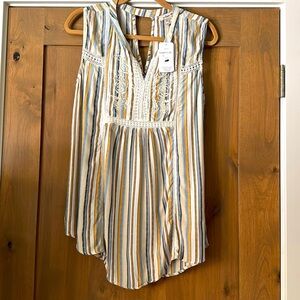 NWT Lola P. Sleeveless Blouse Top Womens S Stripes Bohemian crochet Embroidery